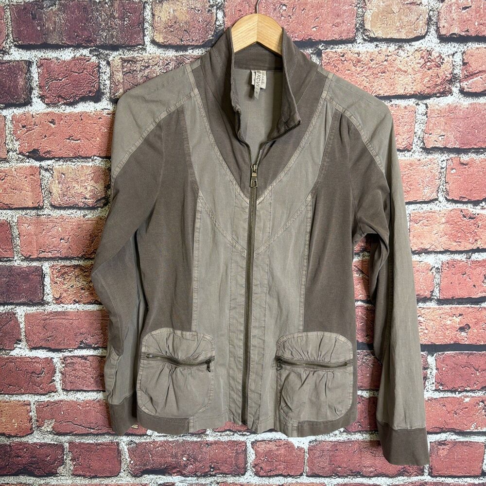 XCVI Jacket Women Medium Brown Khaki Safari Utility Coat Full Zip Roll Tab